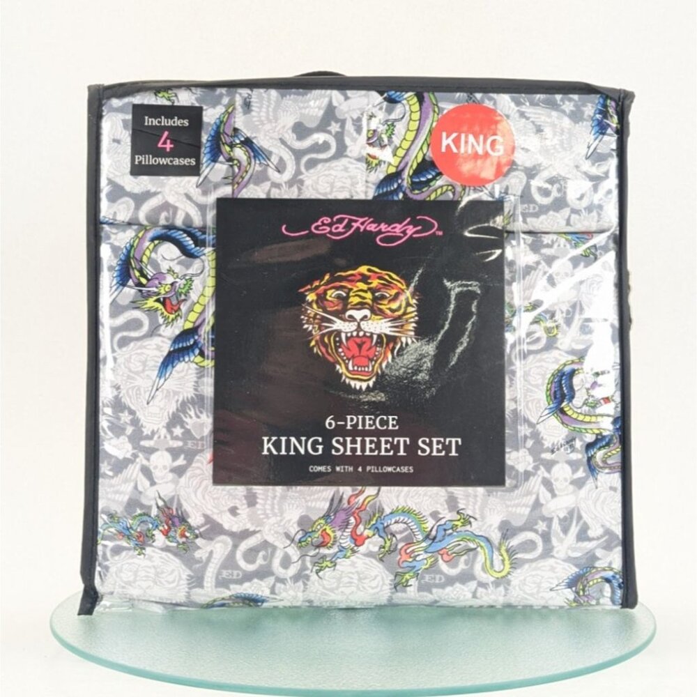 Ed Hardy King Size Sheet Set 6pc Dragon & Skull Print Bedding